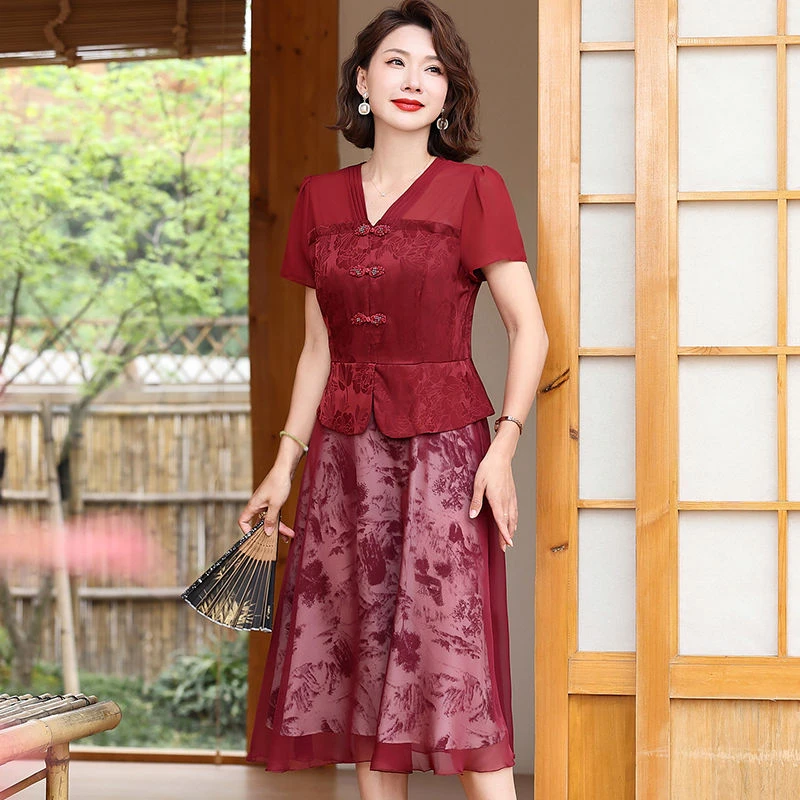 妈妈洋气短袖连衣裙中老年夏季气质假两件中年女装夏装民族风裙子