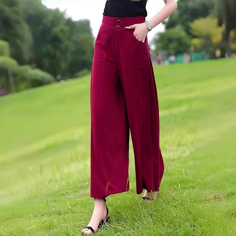 红色妈妈阔腿裤女夏季薄款2025大脚裤子高腰显瘦九分小个子休闲裤