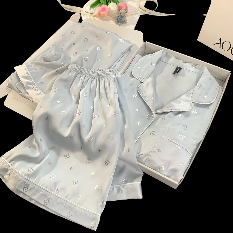 【烫金】水蓝色老花睡衣女带胸垫三件套韩版夏季薄款时尚家居服套装