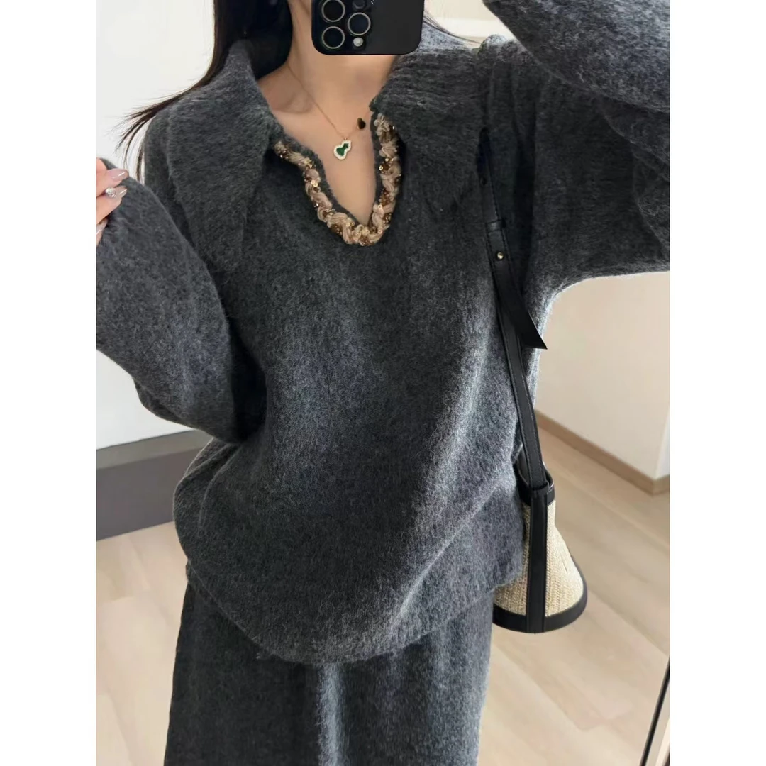 SP【南洋千金】小香风镶钻宽松慵懒针织衫➕松紧宽松半裙长裙套装