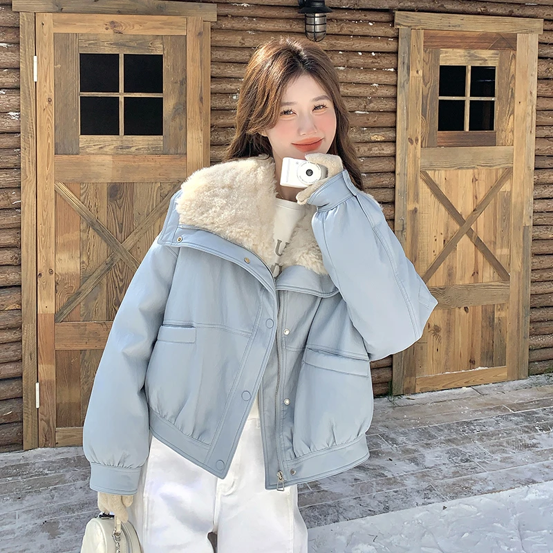 羊羔毛领PU皮派克服羽绒服女短款2025新款宽松韩版小个子鸭绒外套