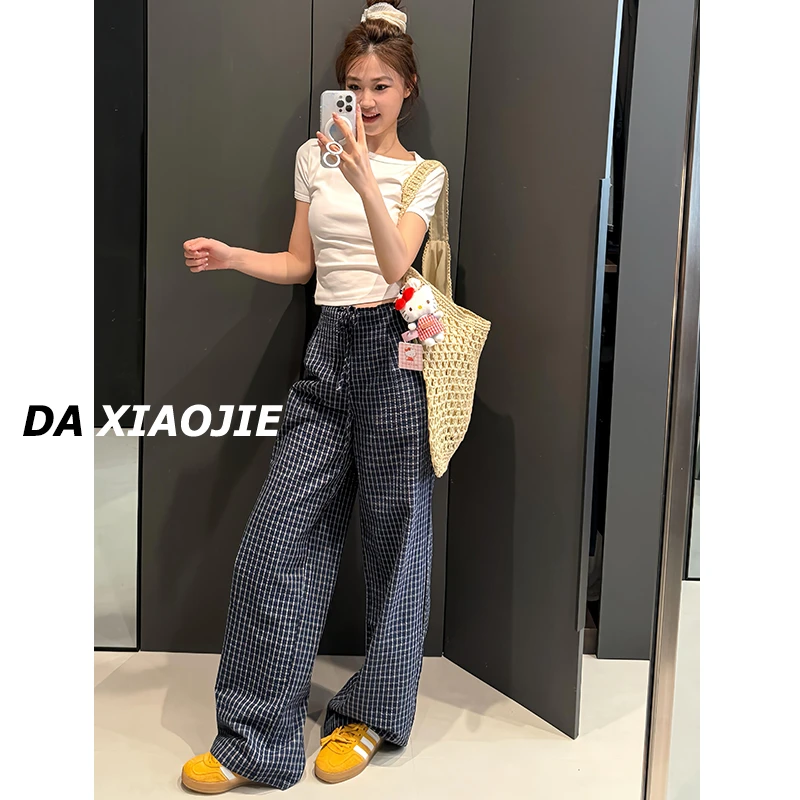 裤长112cm高个子175加长抽绳格子阔腿裤女薄款宽松休闲拖地直筒裤