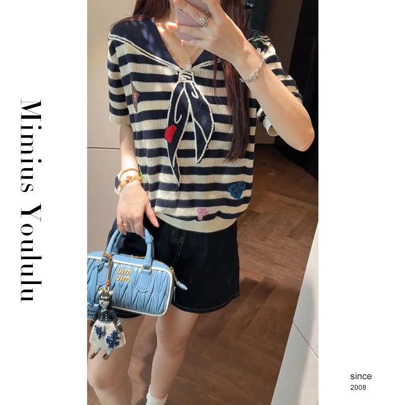 【mimius】U 学院风撞色条纹海军领短袖针织衫上衣 WG05052