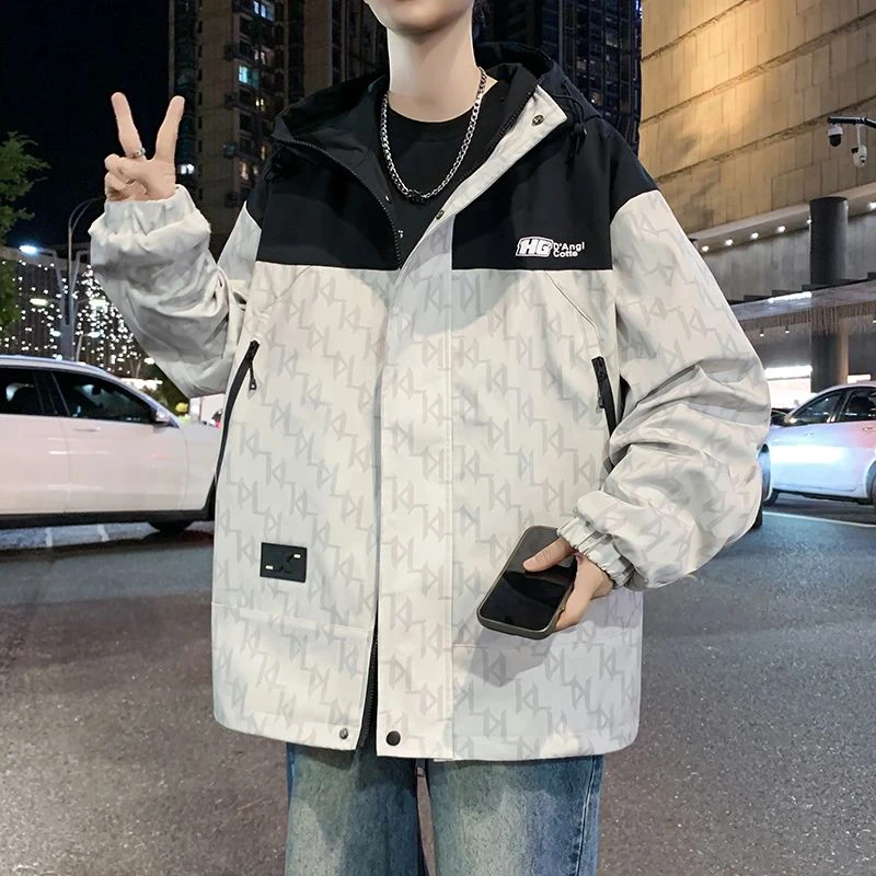 春秋款连帽外套男青少年潮流帅气百搭冲锋衣初中高中学生大童夹克