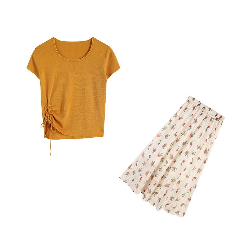 五季家夏季黄色上衣+杏色长半裙洋气两件套大码女装ZL109929套装