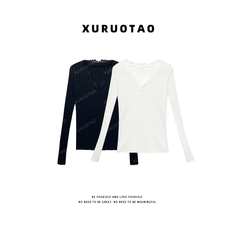 XURUOTAO 【高知打底】羊毛针织蕾丝设计显瘦百搭两色上衣 T5619