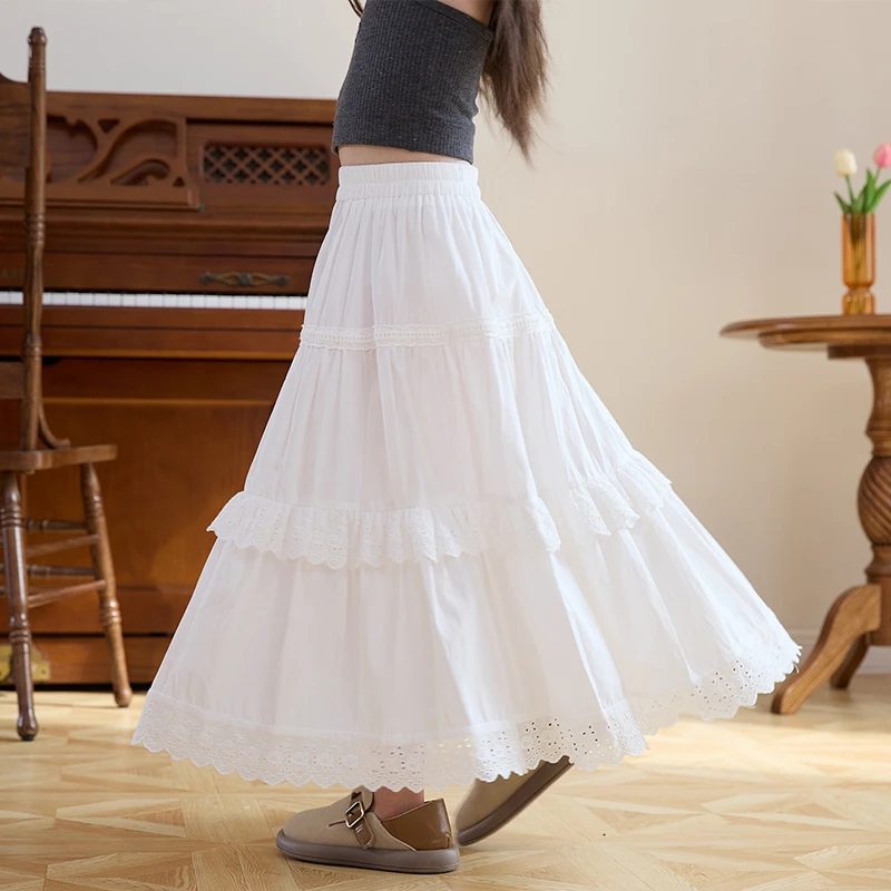 女童中长款白色蛋糕裙高腰长裙儿童半身裙夏薄款棉质公主花边衬裙