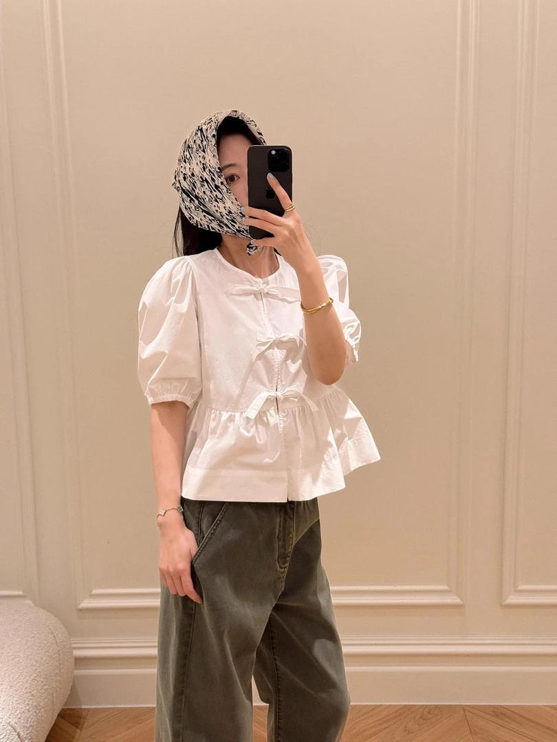 白色法式夏季蝴蝶结系带短袖衬衫女爆款绑带泡泡袖减龄小个子上衣