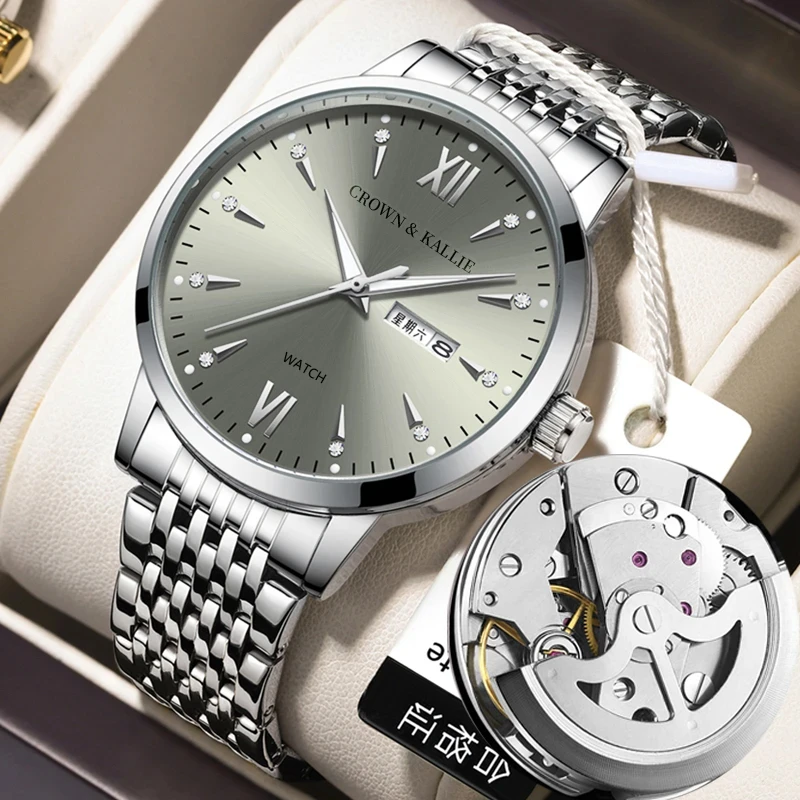【小ck】专柜正品镶钻机械手表男士高级双日历莫兰迪灰高档腕表ck