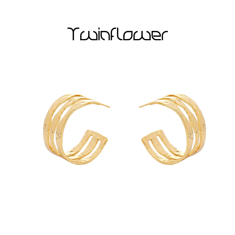 twinflower 铜合金耳饰 【琥珀流光】轻奢小众水波纹镂空c字耳圈女