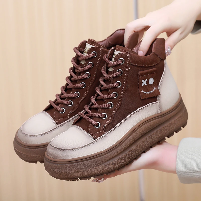 全真皮厚底马丁靴2025秋冬休闲软底短靴大码女靴系带防滑加绒棉鞋