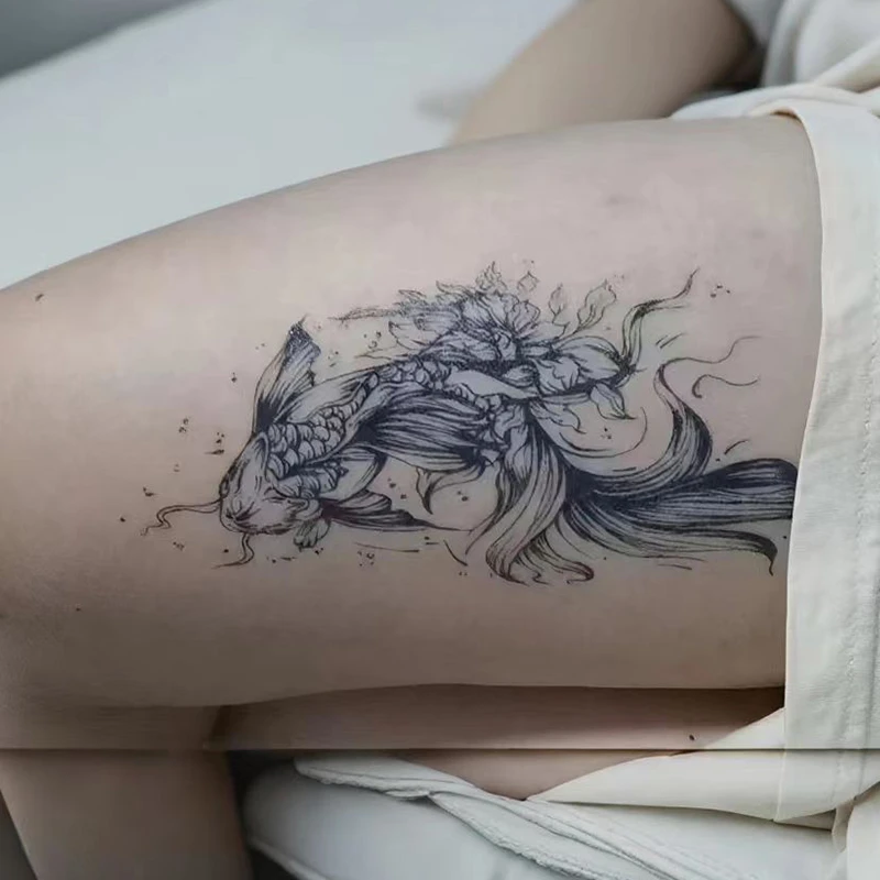 【锦鲤戏莲】纹身贴草本贴纸手臂防水持久个性男花臂逼真不反光果汁