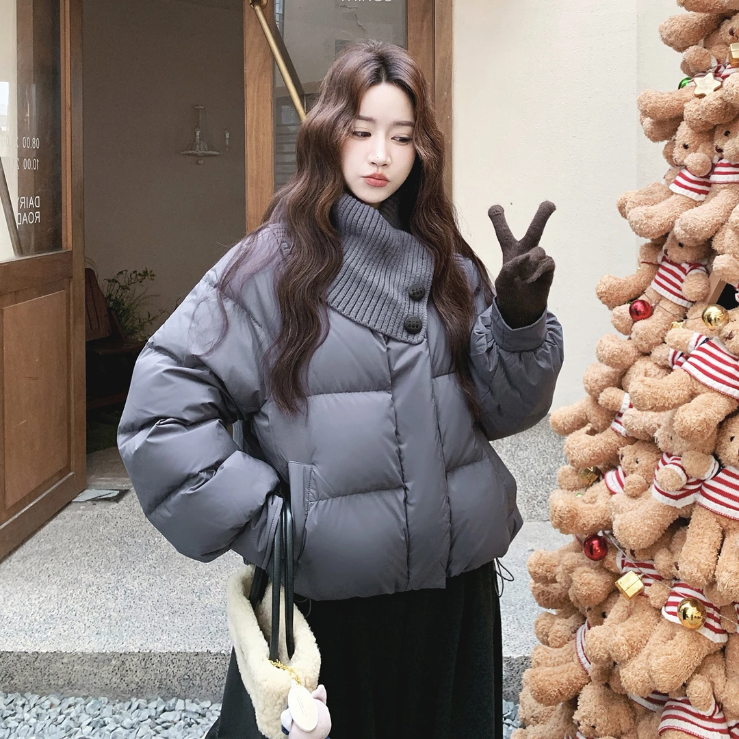 灰色针织立领拼接羽绒服女2025冬季新款韩系小个子洋气白鸭绒外套