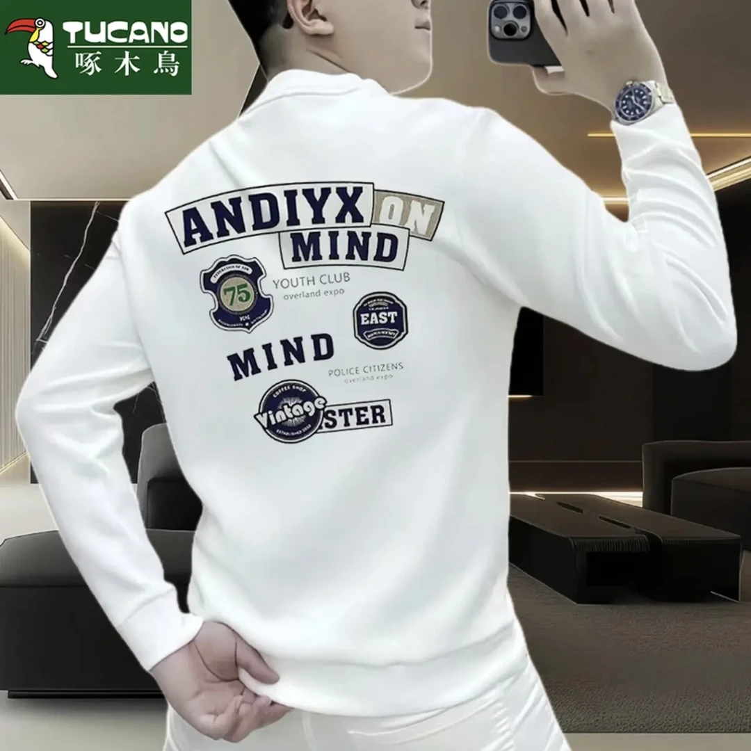 啄木鸟秋冬季厚款卫衣百搭美式印花加绒套头长袖男生时尚保暖上衣