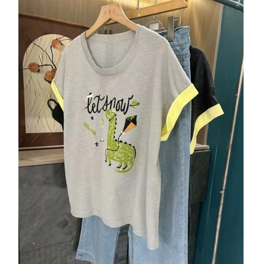 夏季大码竹节麻透气小恐龙薄款时尚T恤显瘦百搭休闲宽松女短袖