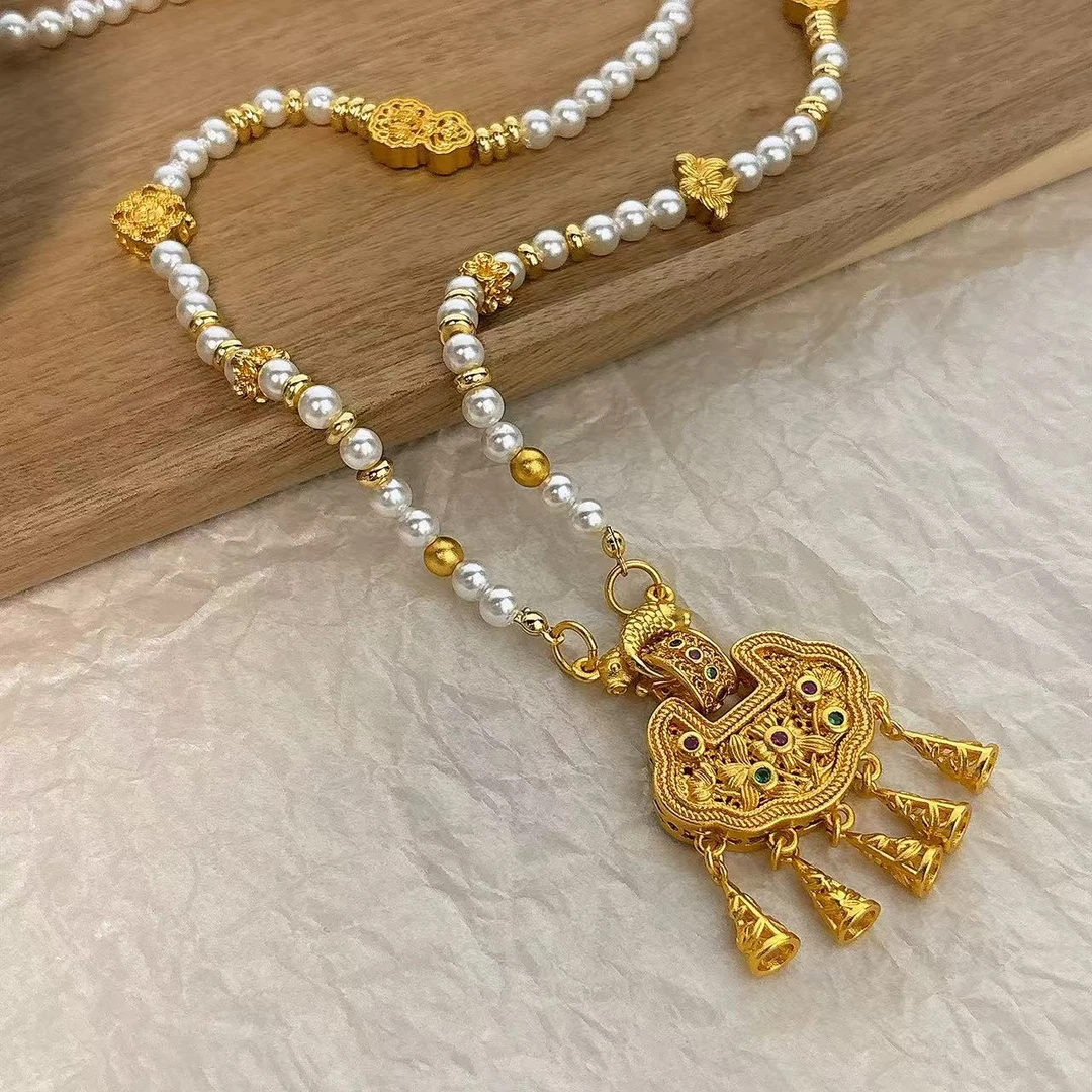 铜合金项链 岁时新中式古法双锦鲤小众项链百搭长链