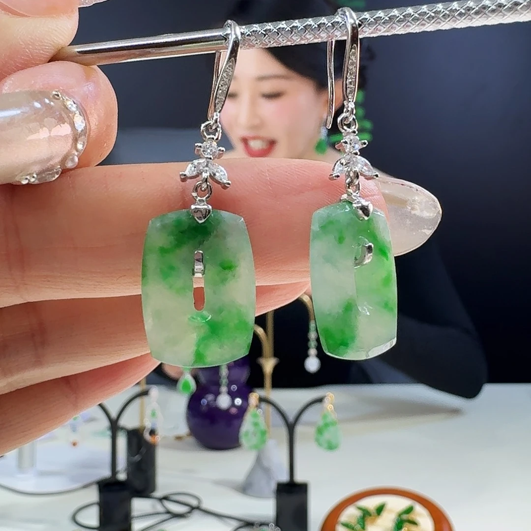 翡翠银S925镶嵌耳饰S925银镶嵌