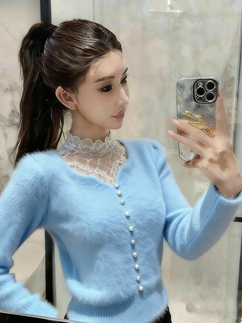 淑女风蓝色半高领蕾丝拼接针织衫女款秋冬新款奶呼呼甜美百搭上衣