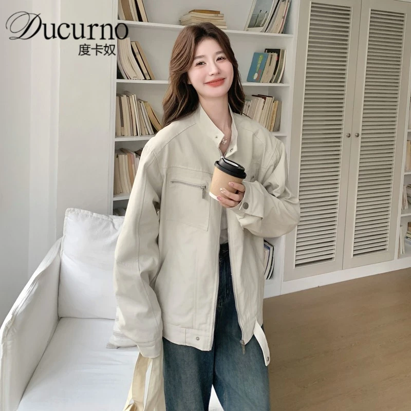 米白色立领工装外套女2025年秋季新款美式复古高街宽松休闲夹克