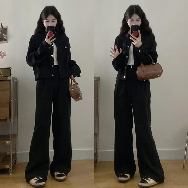 大码【财阀千金】胖mm女装秋季显瘦气质西装外套黑色阔腿裤两件套装