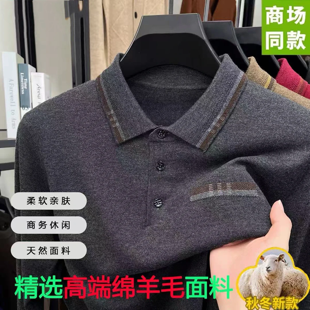 秋季新款薄中年男士羊毛长袖T恤男宽松翻领爸爸上衣打底衫针织衫