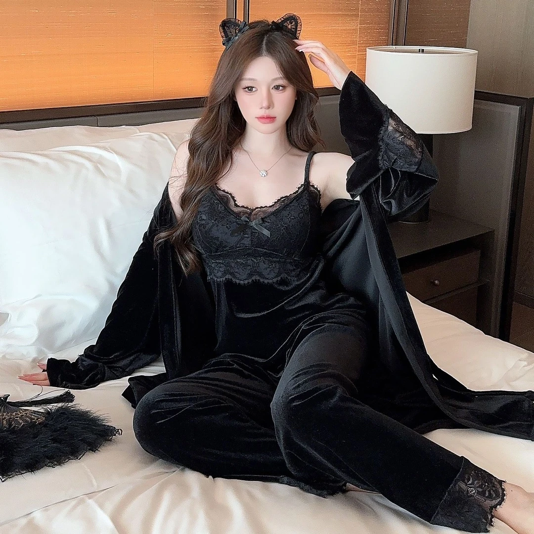 【吕公子专属】蕾丝睡衣冬季家居服套装金丝绒纯色法式三件套