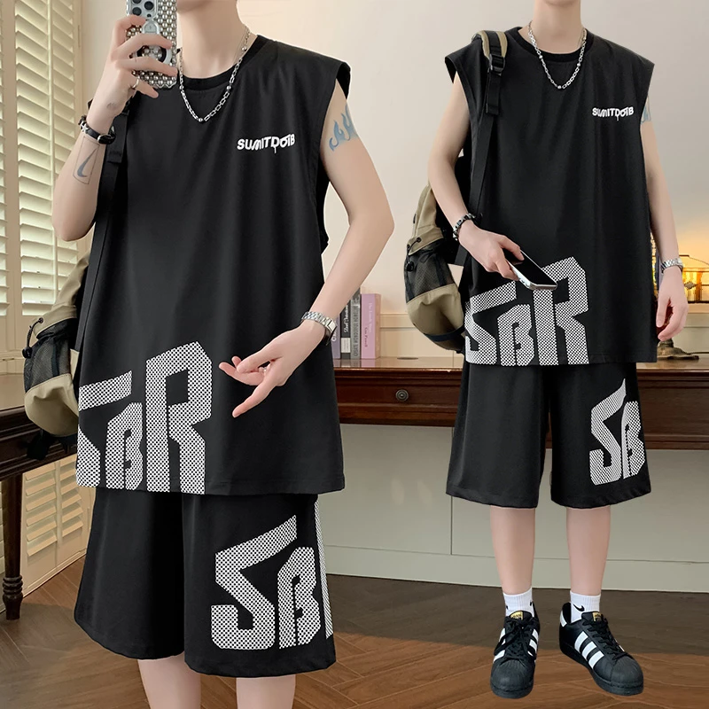 玛斯柏大码夏装凉感休闲运动套装男士潮宽松百搭美式印花两件搭配