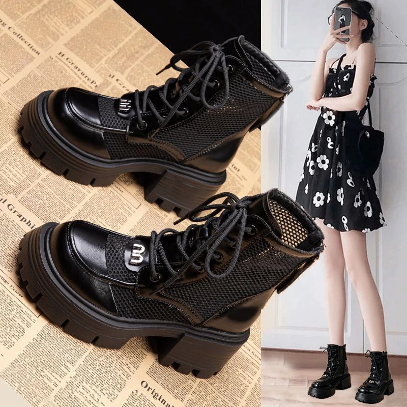 女鞋新款网红夏季薄款镂空短筒粗跟增高凉靴英伦风小个子马丁靴透