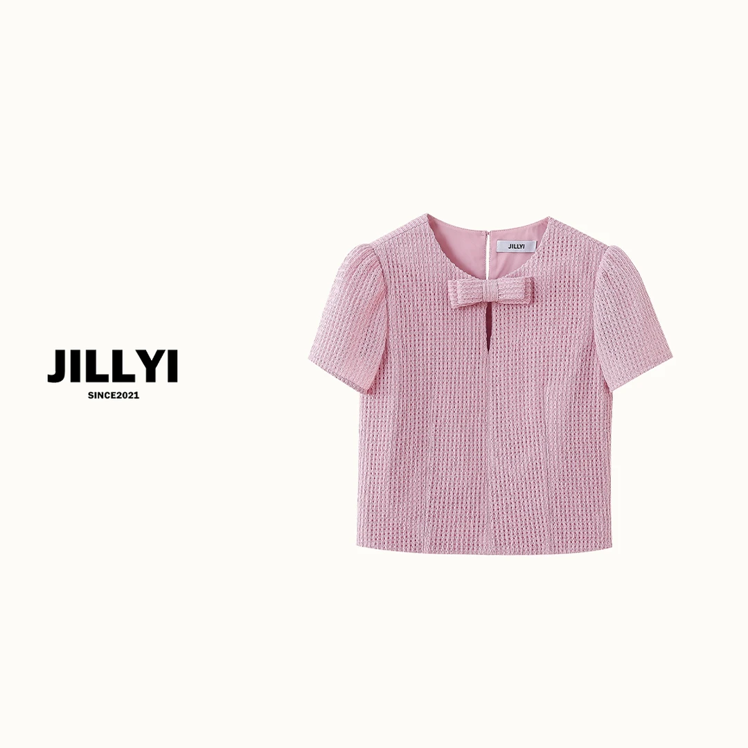 JILLYI珠海店【甜美桃粉】玫瑰粉圆领简约纯色百搭夏季韩版休闲时尚