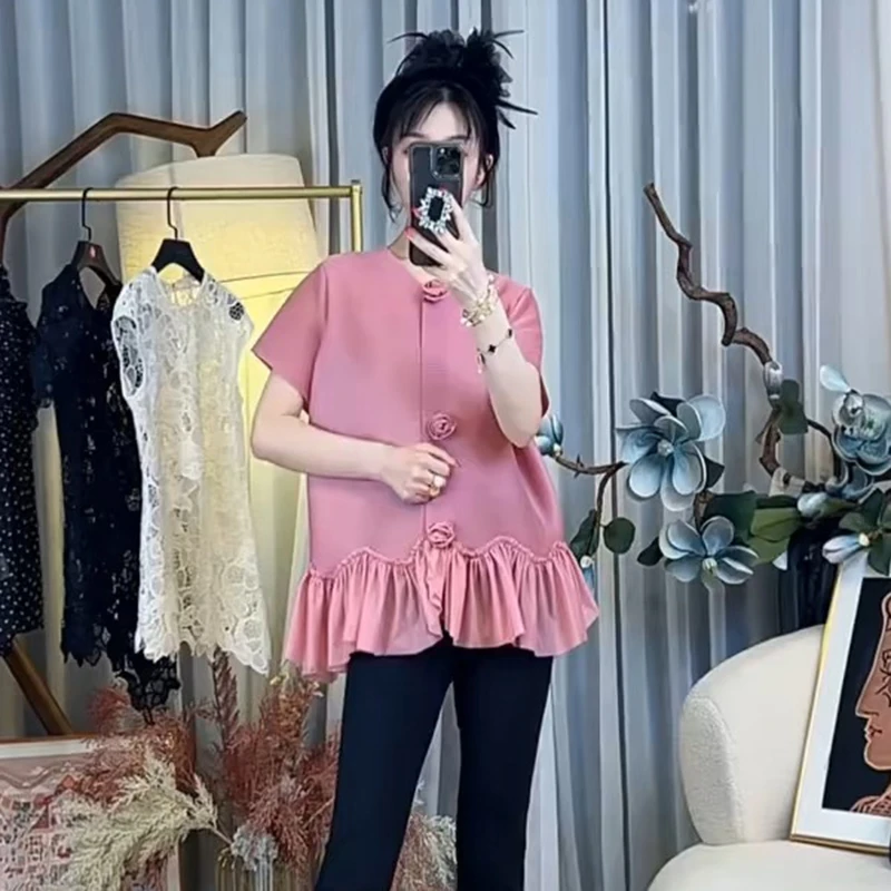 首秀【玫瑰之恋】2025夏季洋气衣服女气质百搭短袖女褶皱上衣2155