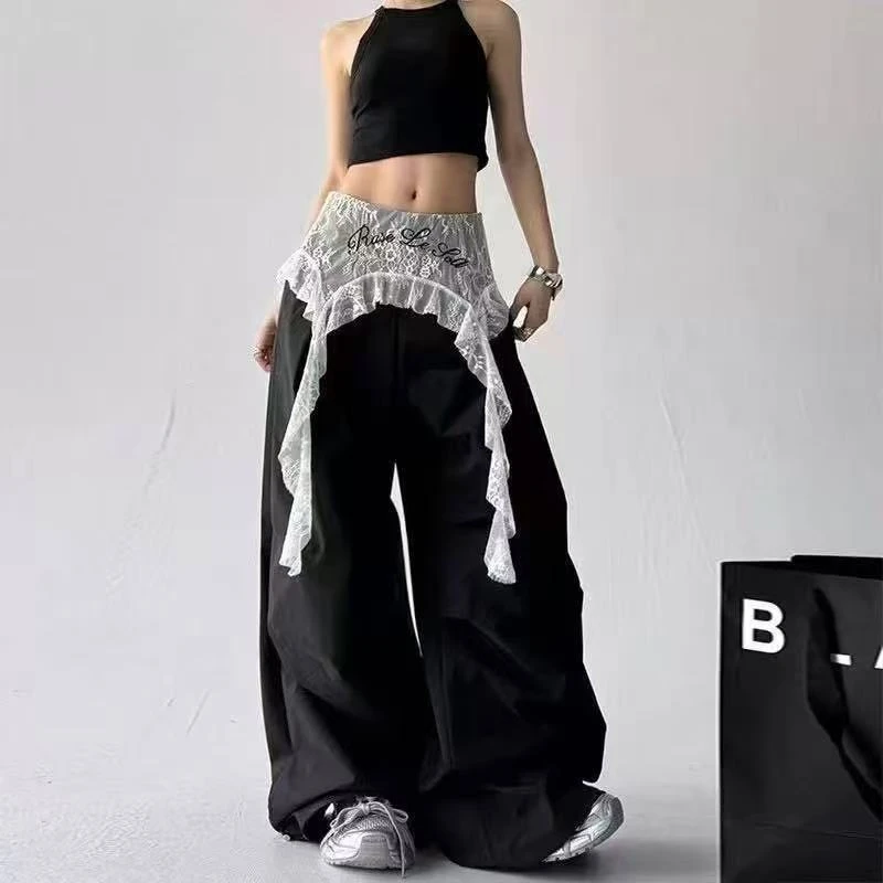 不支持机洗ROU-ROU)JIA辣妹蕾丝拼接抽绳休闲裤X10R09