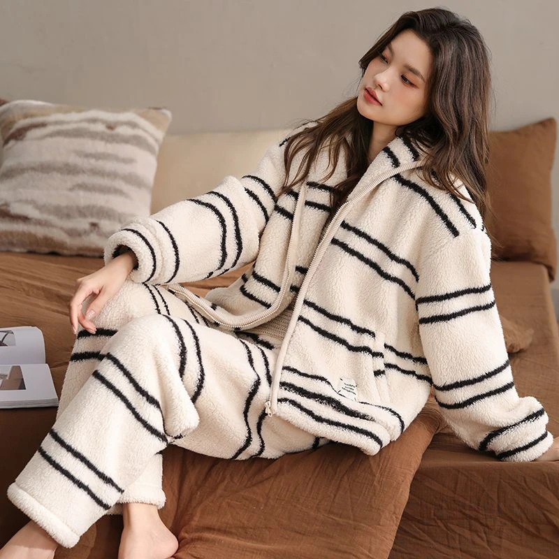 高克重加厚睡衣女秋冬新款珊瑚绒加绒套装可外穿保暖家居服套装