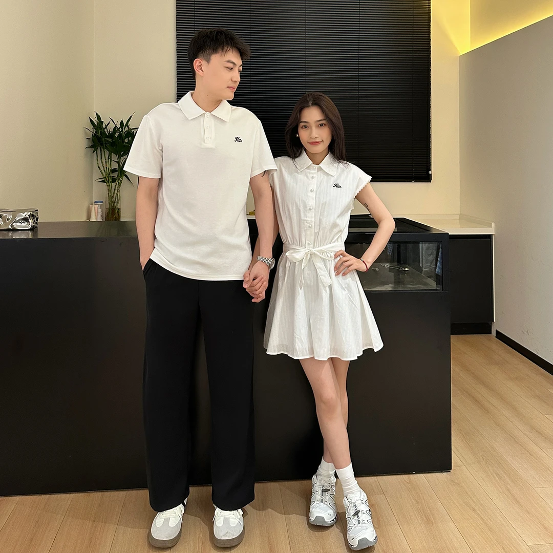 情侣装短袖polo领一衣一裙夏季淑女显瘦连衣裙韩版收腰气质A字裙