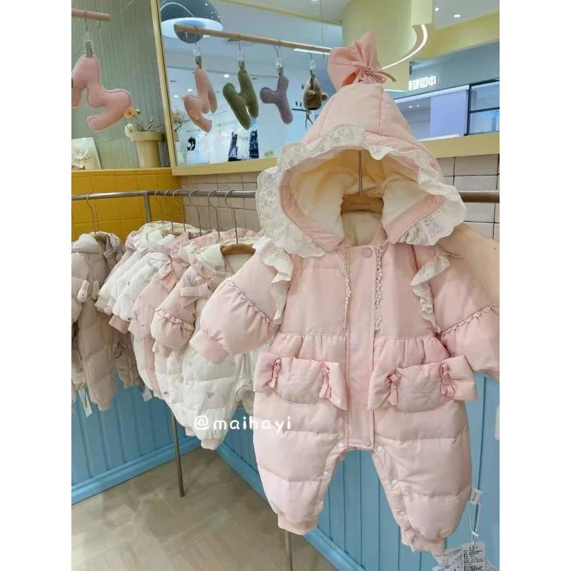 婴儿宝宝连帽婴幼儿织带花边糖果口袋羽绒服羽绒服4972