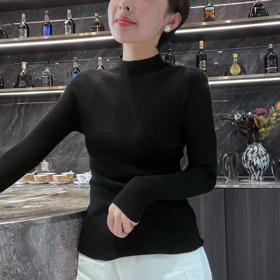 MINGGANG/名港【无缝一体】进口扬子纱线长袖显瘦纯色针织衫6y2002