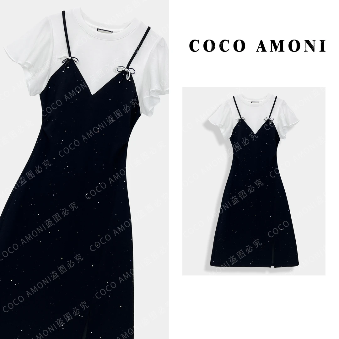 [曼姐]新款夏日女装拼接重工亮钻假两件显瘦气质连衣裙AC633