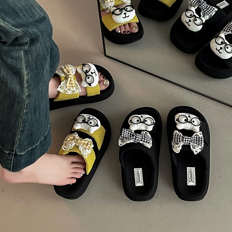 时尚百搭可爱猫猫厚底一字拖女2025夏季蝴蝶结少女外穿拖鞋凉拖鞋