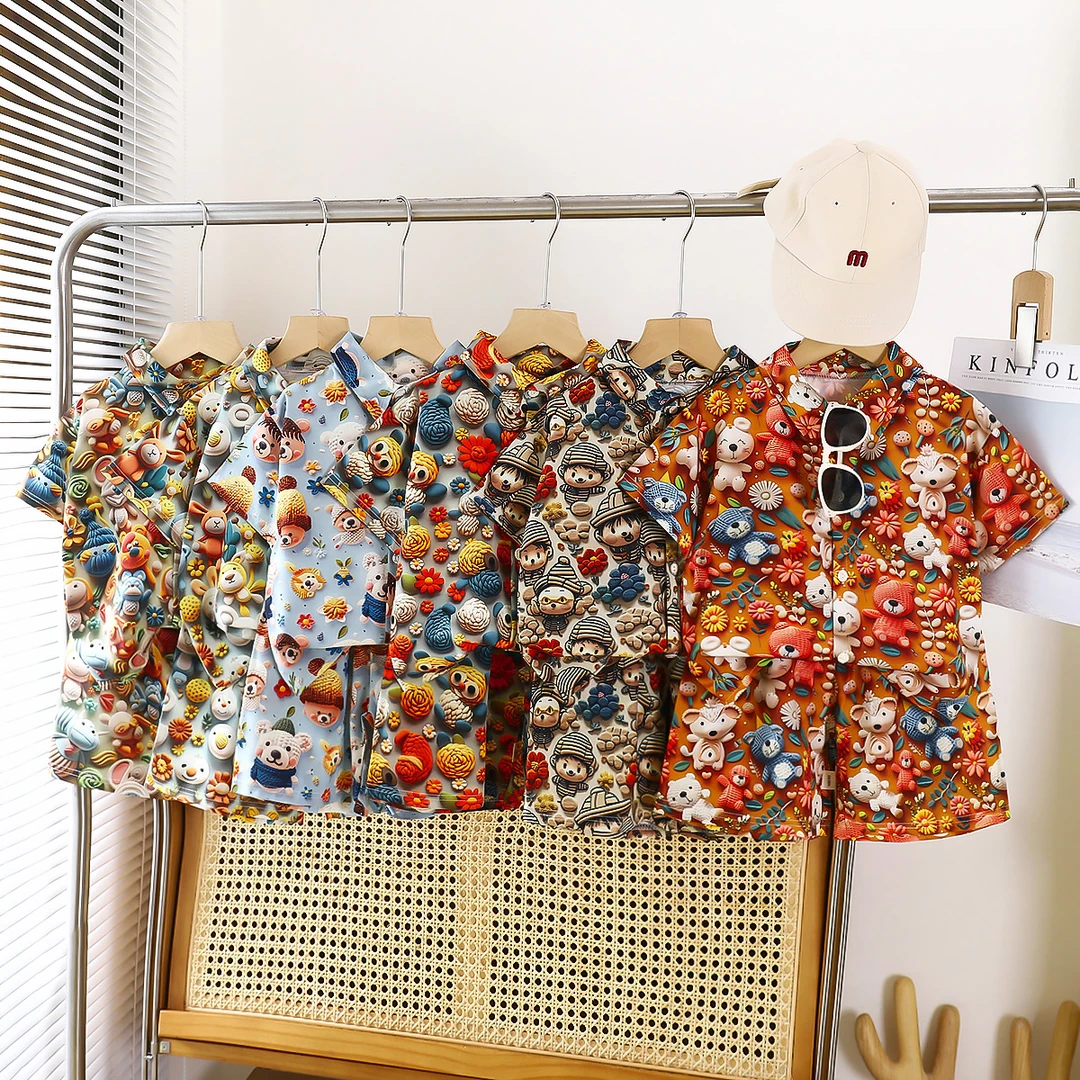 家居服套装男女童睡衣两件套夏季舒适印话卡通空调服