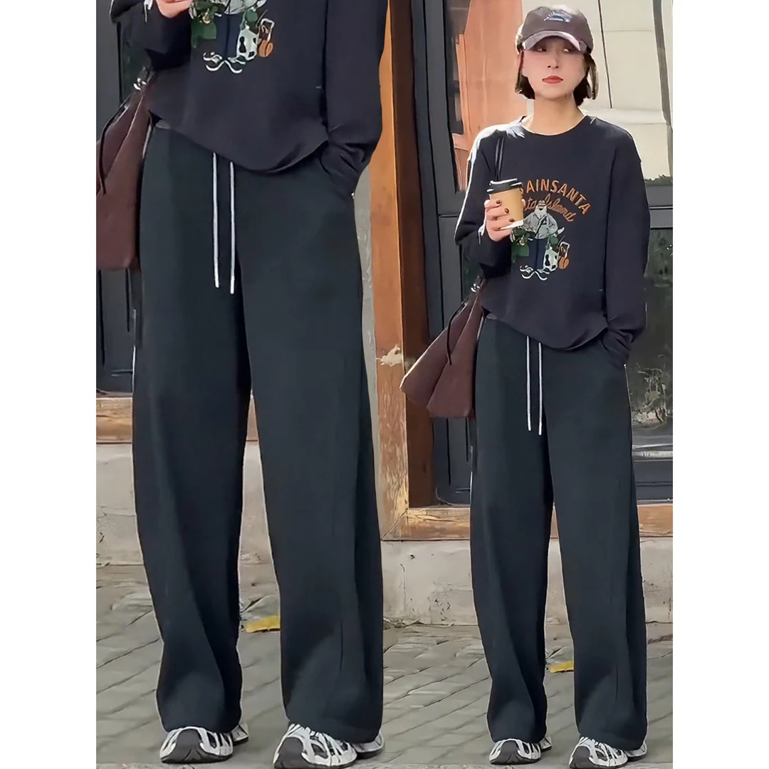 黑灰色加绒弯刀裤女秋冬季2025新款卫裤休闲加厚毛呢运动阔腿裤子