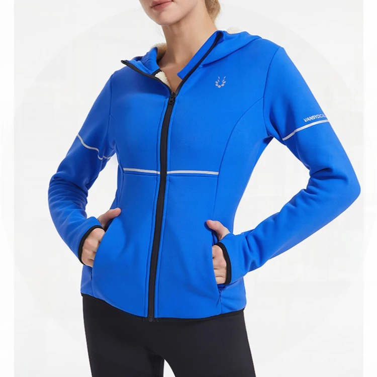 【热卖】秋冬加绒反光标户外跑步运动外套连帽夹克健身拉链上衣女