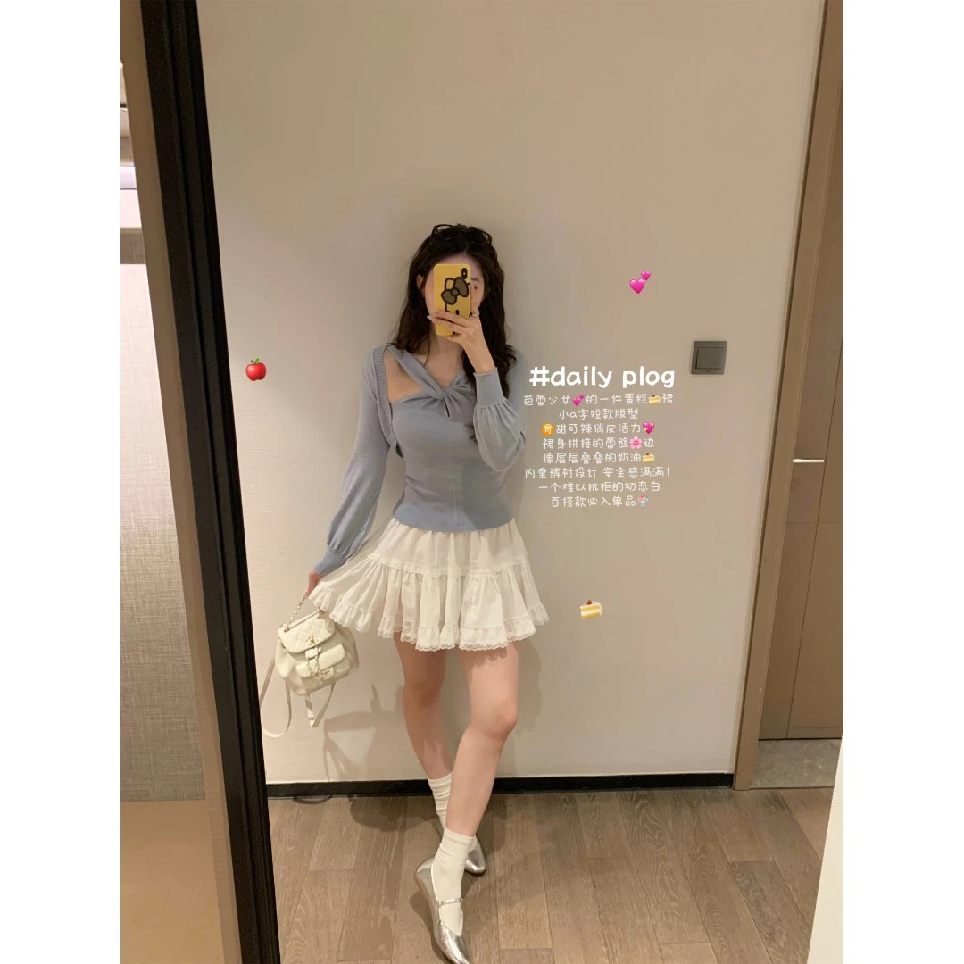 小沈美眉 芭蕾少女 白色蓬蓬蛋糕短裙春夏高腰蕾丝A字半身裙子女