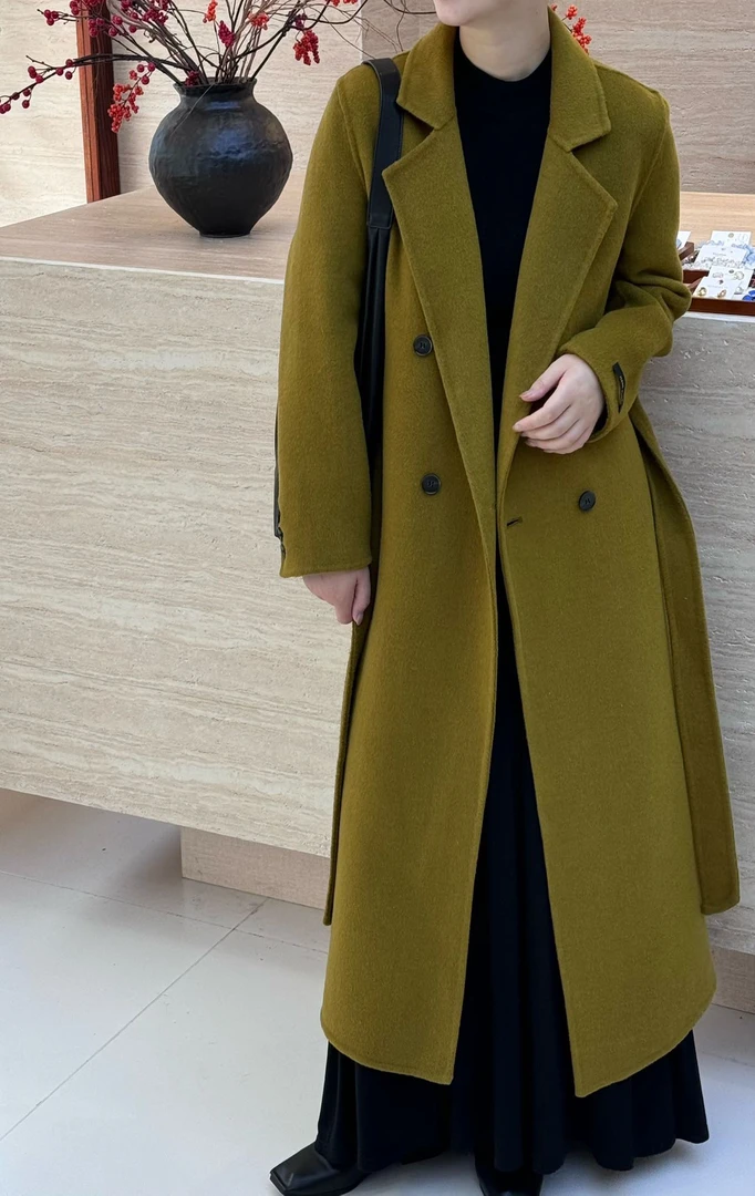 新款西装领卡其绿长款高级百搭双面羊毛大衣时尚气质女秋冬外套女