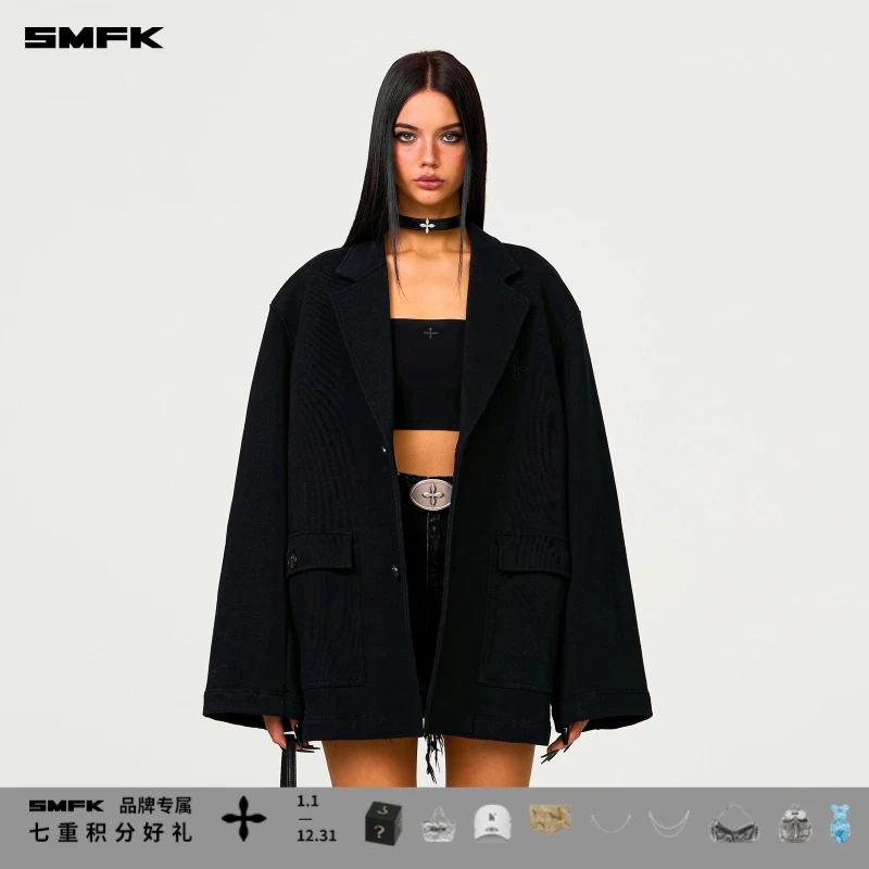 SMFK设计师古典运动西装 CC011B 女士黑色简约时尚宽松廓形外套
