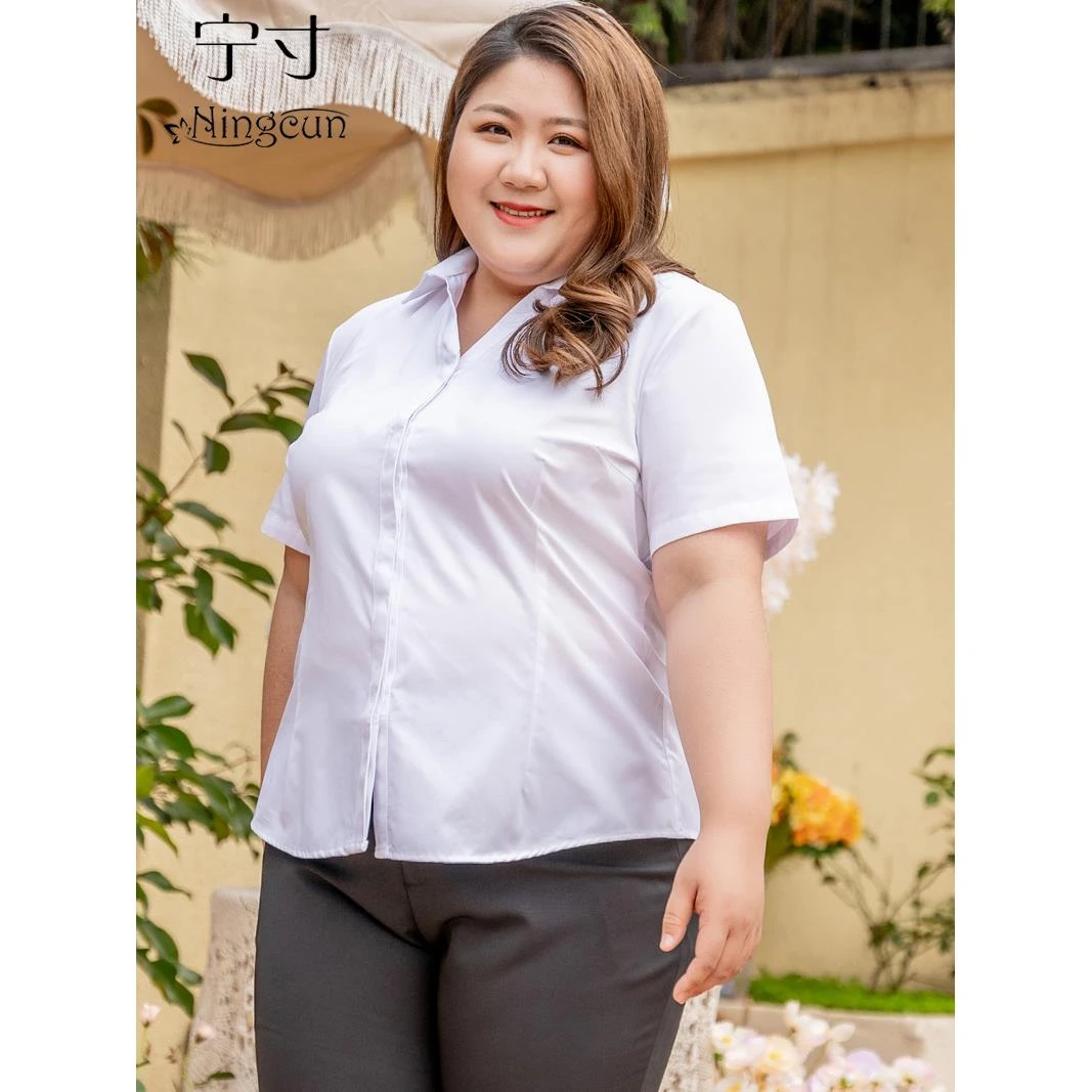 大码白色衬衫女夏季胖mm职业正装工作服加肥200斤短袖v领衬衣薄款