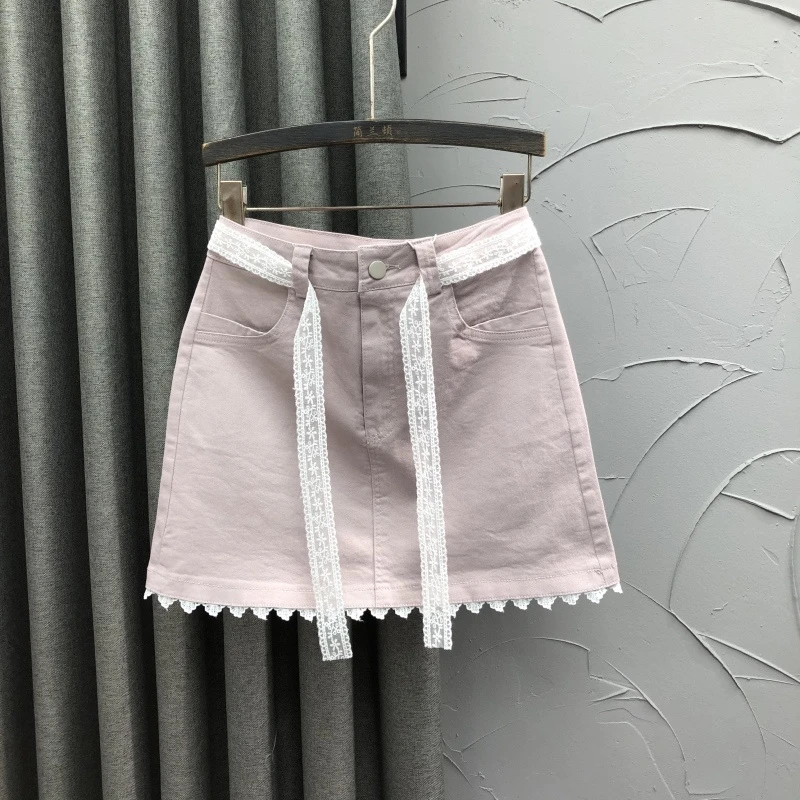 高腰洗水牛仔半身裙女2025春夏新款蕾丝花边拼接小众时尚辣妹短裙