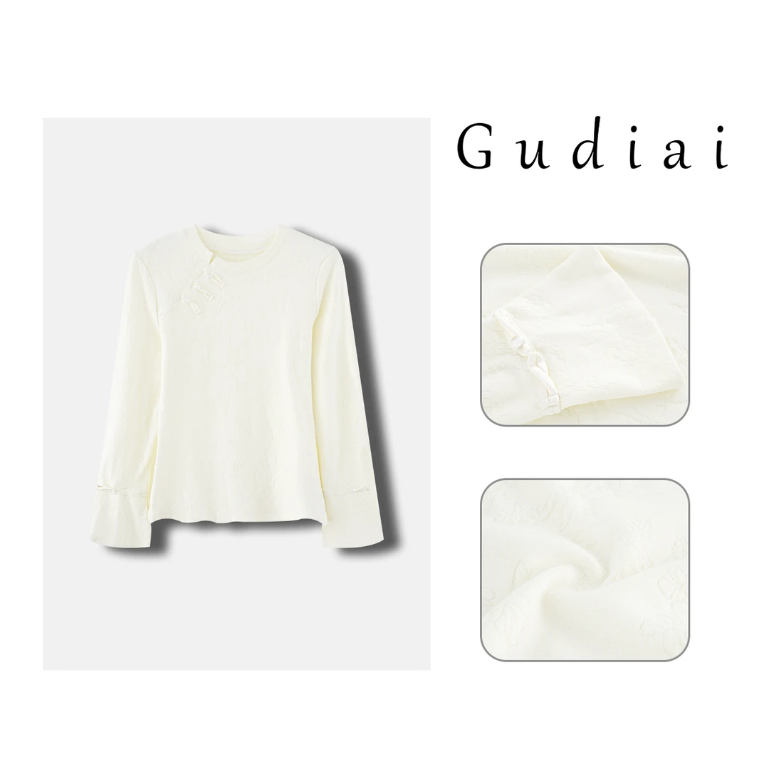 Gudiai/古迪爱【白露】新中式圆领盘扣国风休闲T恤A364-Y2332