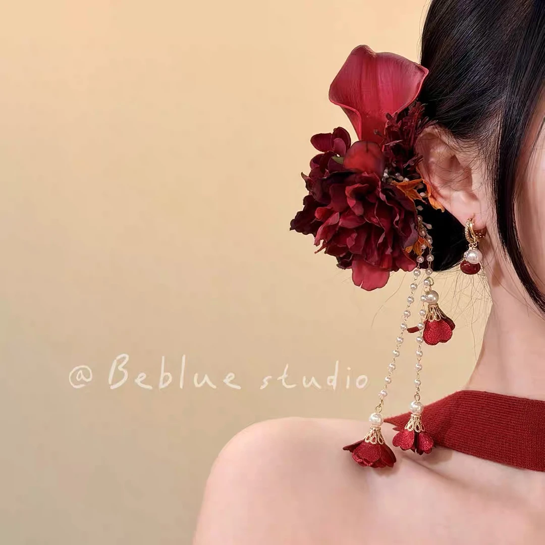 新中式红色花朵流苏发夹女古风气质头饰节日氛围感发饰