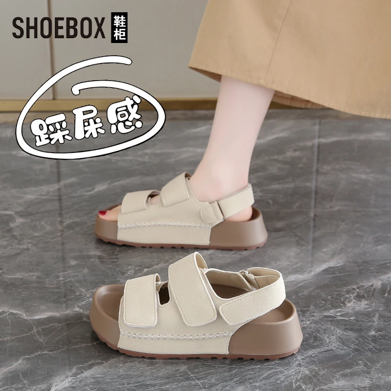 SHOEBOX鞋柜厚底复古勃肯凉鞋女2025新款夏时尚魔术贴百搭凉鞋
