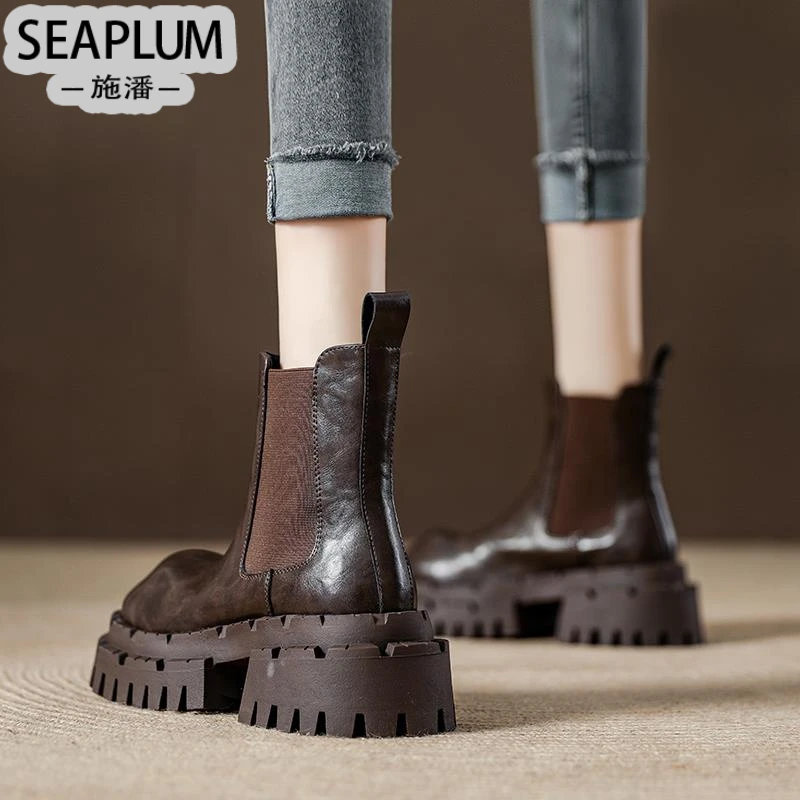 SEAPLUM真皮显瘦鹅头马丁靴女2025新款切尔西靴松糕短靴