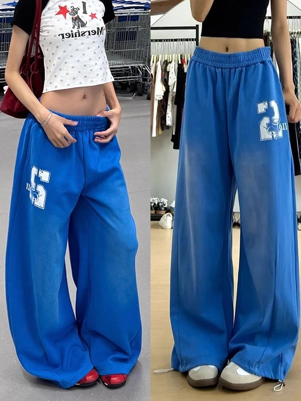 美式慵懒渐变蓝色阔腿弯刀裤女宽松垂感休闲风嘻哈爵士舞抽绳卫裤